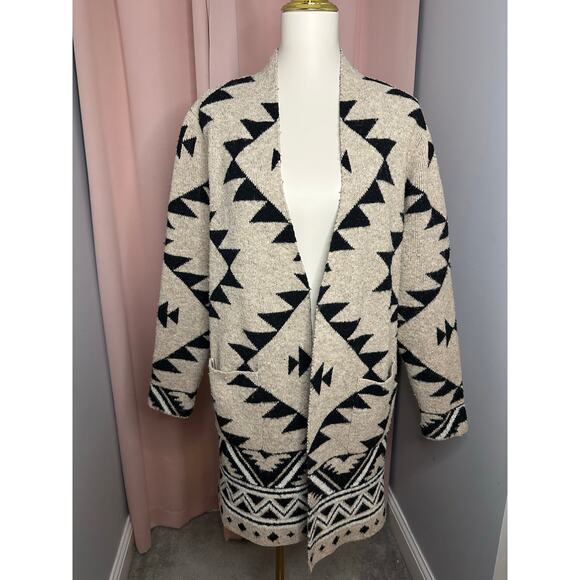 Frye Aztec Cozy Open Cardigan Patch Pockets Recycled Luxe Sz Large READ - Picture 3 of 11